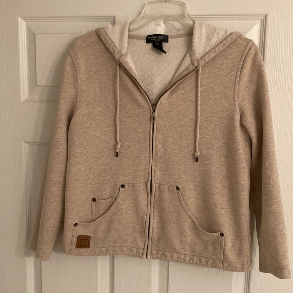 Petite neutral front zipper jacket. Lauren Jeans Company.